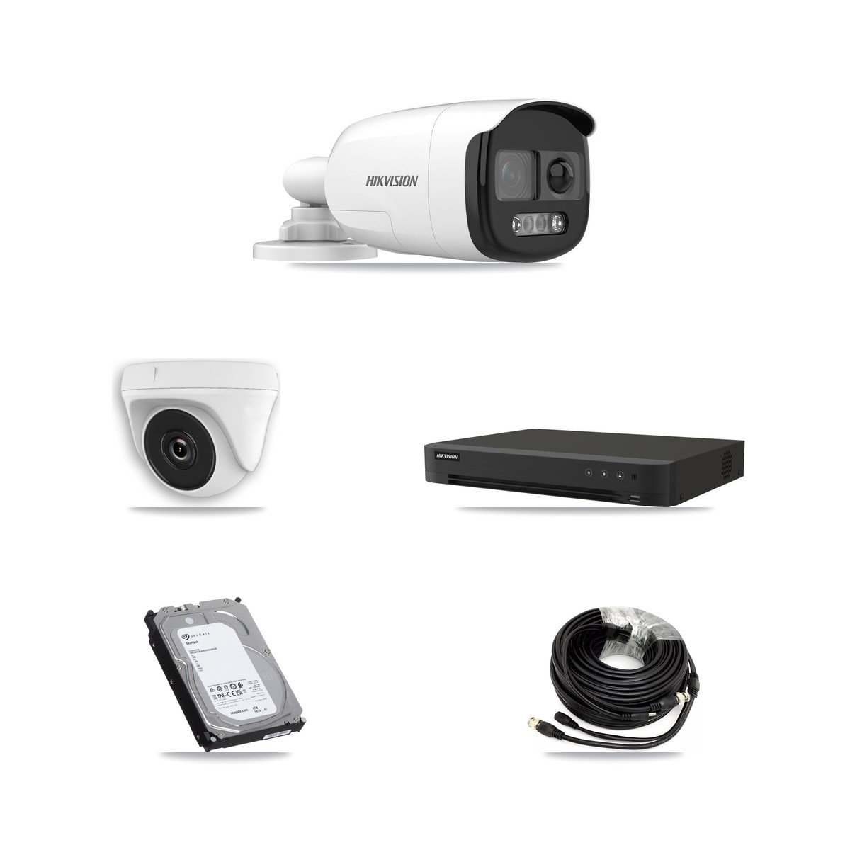 Hikvision IDS-7208HUHI-M1/XT 8-Channel DVR CCTV Kit — 3× DS-2CE12KF3T-PIRXO 5MP Bullet + 3× HDT-2MP-N20W-2.8MM White 2MP Dome Cameras + 6TB HDD