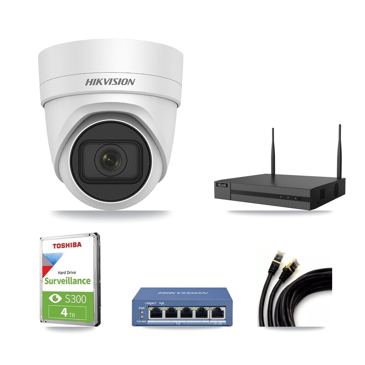 Hikvision & HiLook 4-Channel 4MP CCTV Kit — 3 DS-2CD2H45FWD Turret Cameras + 4TB Recording