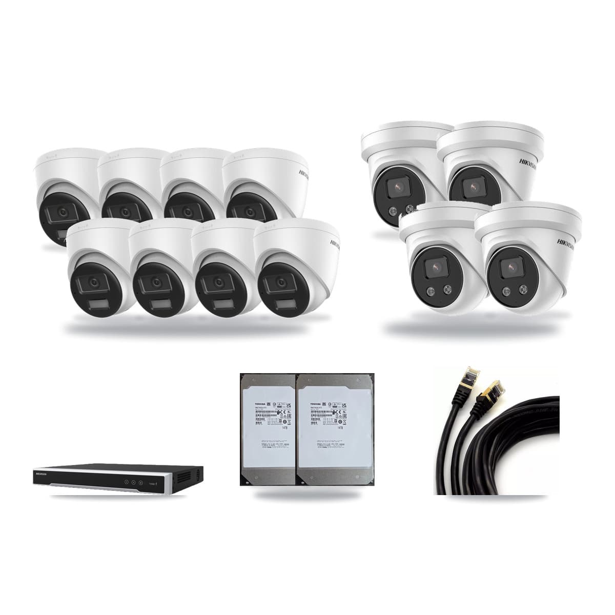 Hikvision 16-Channel 5MP – 4K CCTV Kit — 8 DS-2CD1383G2-LIUF/SL 4K + 4 DS-2CD3356G2-ISU 5MP Turret Cameras + 2× 14TB Recording (DS-7616NI-M2/16P Recorder) - Image 1