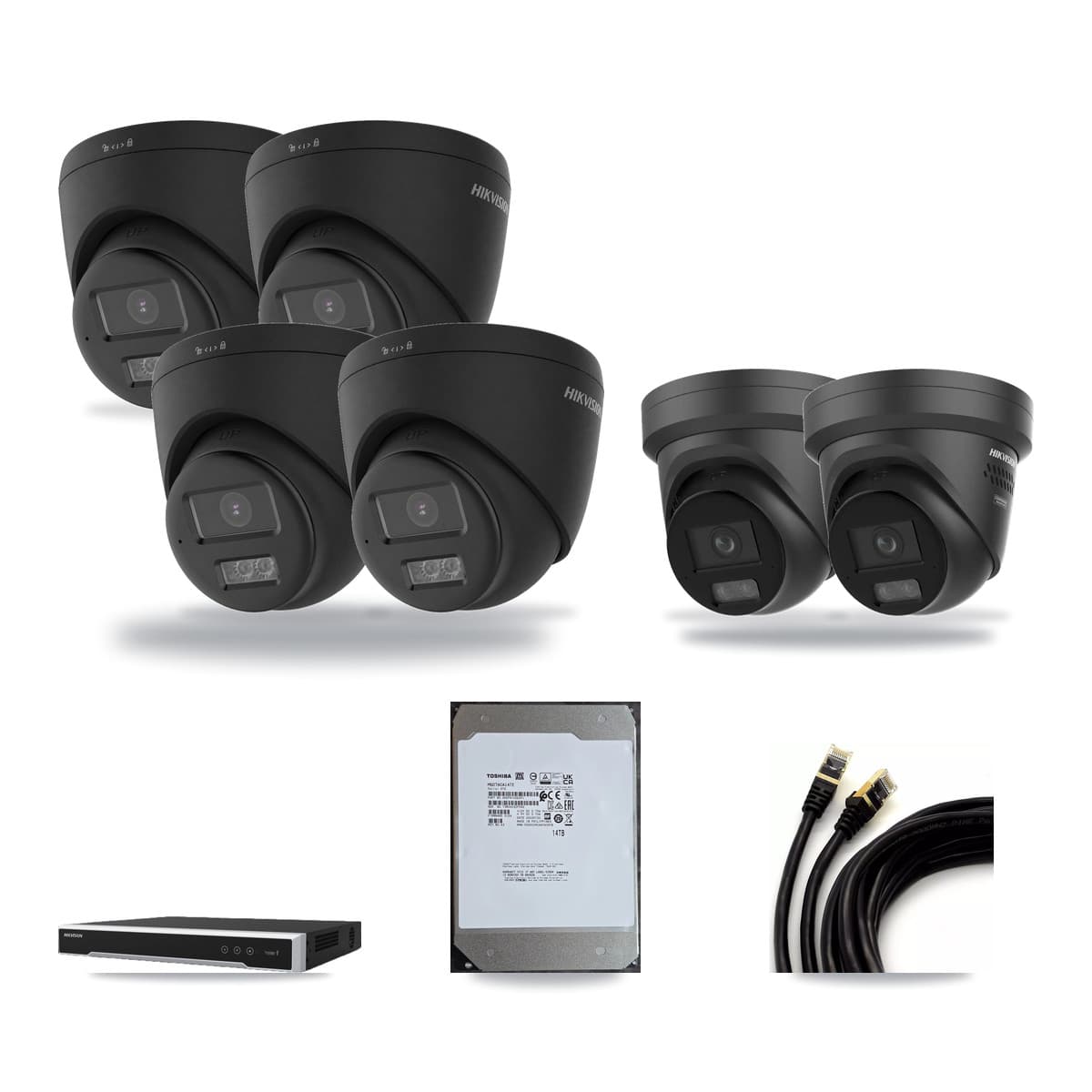 Hikvision 8-Channel 4K CCTV Kit — 4 Black DS-2CD1383G2 + 2 Black DS-2CD2387G3 Turret Cameras + 14TB Recording - Image 1