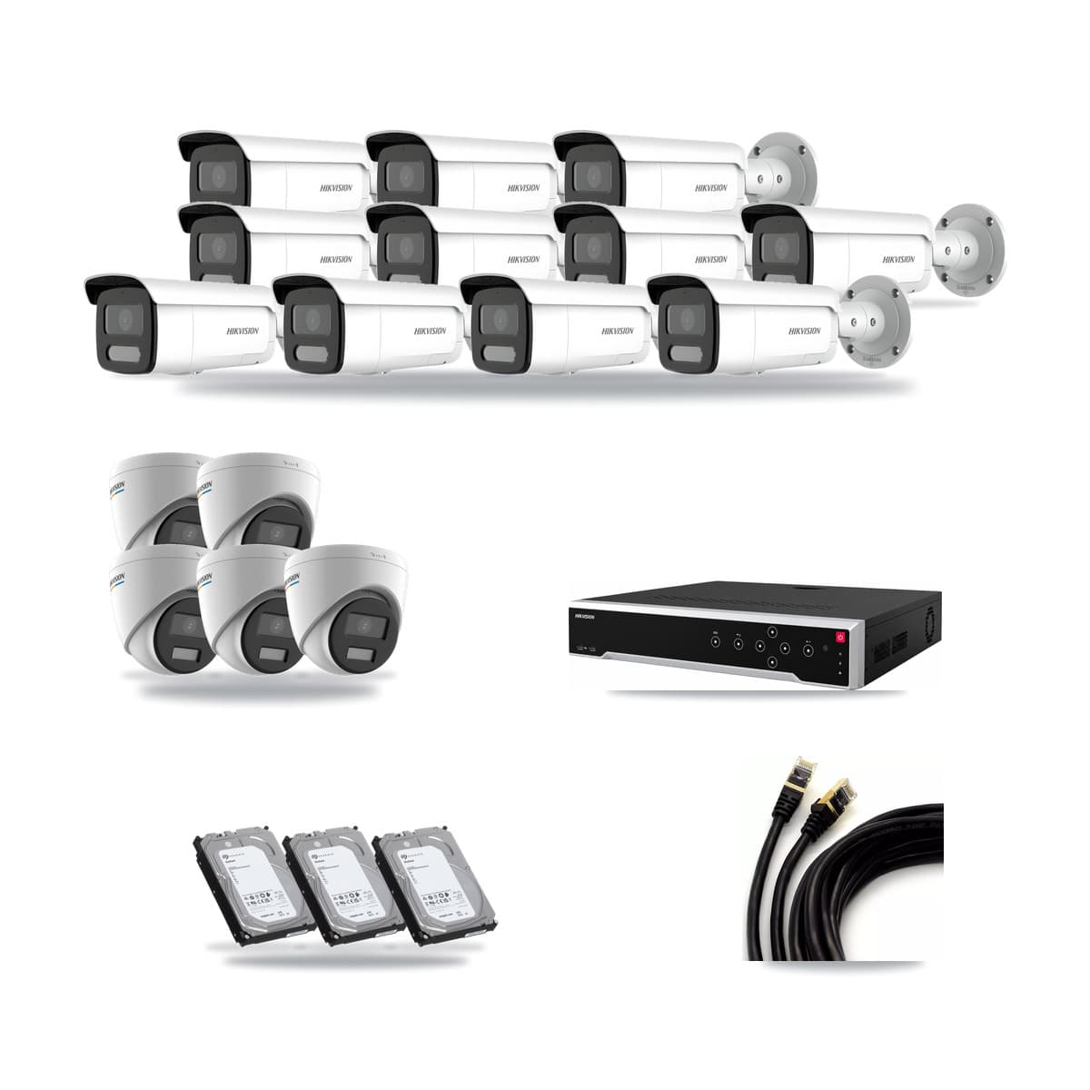 Hikvision 32-Channel 2MP – 4MP CCTV Kit — 5 2MP Turret + 11 4MP Bullet Cameras + 3× 6TB Recording - Image 1