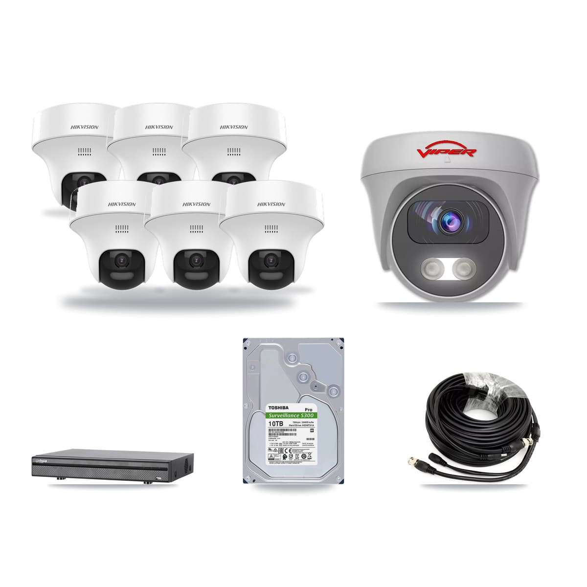 8-Channel 5MP CCTV Kit — 6 DS-2CE70K0T Turret + 1 White VIPER-5MP-3K Cameras + 10TB Recording (DH-XVR5108H Recorder) - Image 1