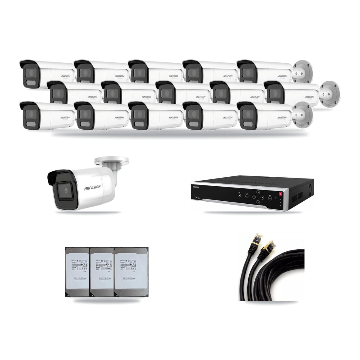 Hikvision 32-Channel 4K CCTV Kit — 1 DS-2CD2085G1 + 15 DS-2CD2T87G2H Bullet Cameras + 3× 14TB Recording - Image 1