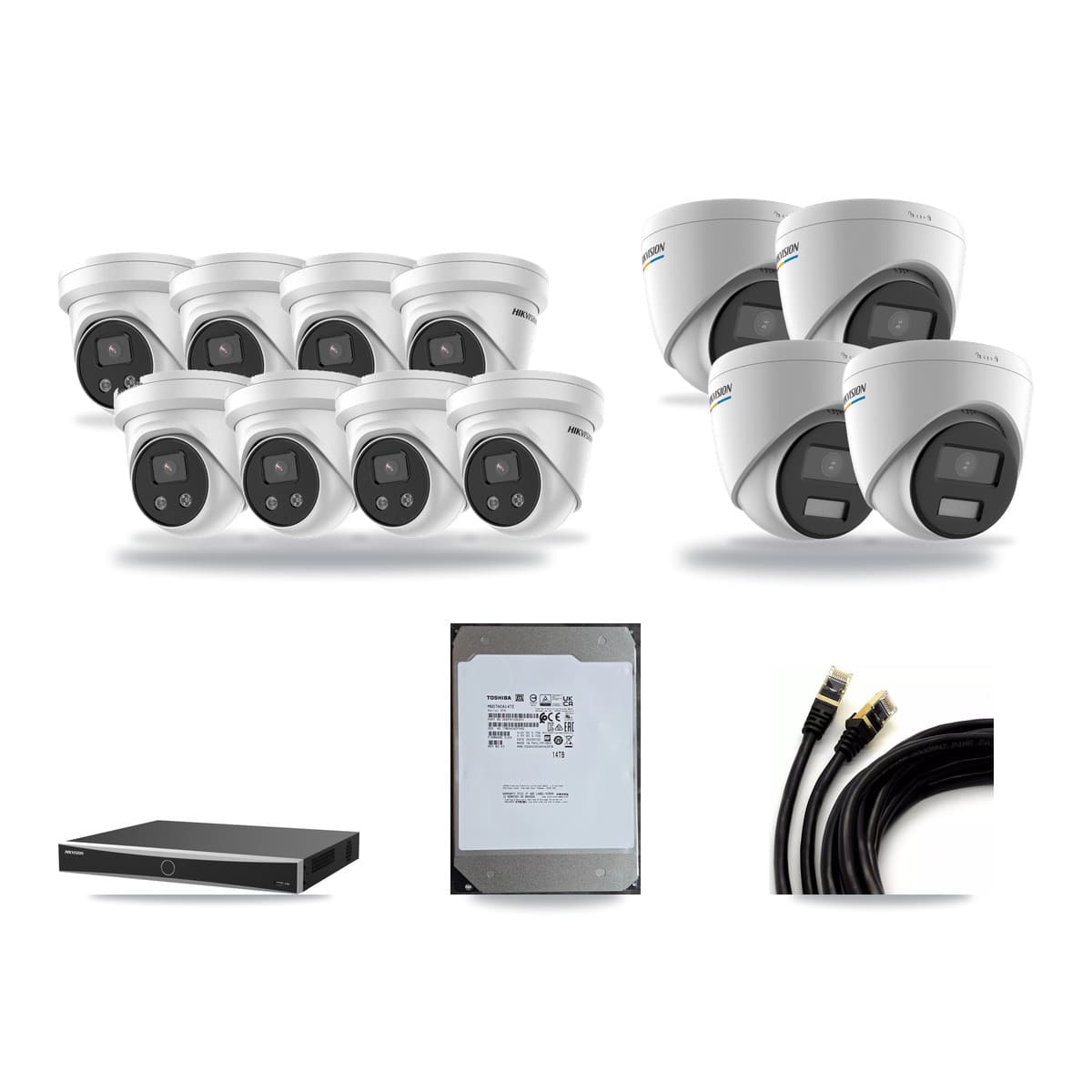 Hikvision 16-channel CCTV kit: 12 cameras (8× 5MP Turret + 4× 2MP Turret), 14TB hard drive