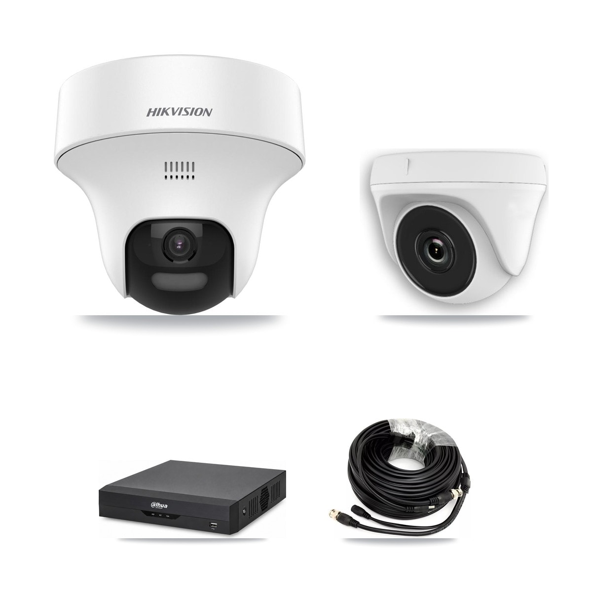 Dahua DH-XVR5104HS-4KL-I2 4-Channel DVR CCTV Kit — 2× Hikvision DS-2CE70K0T-PTLTS 5MP Turret + 2× HDT-2MP-N20W-2.8MM White 2MP Dome Cameras + 4TB HDD