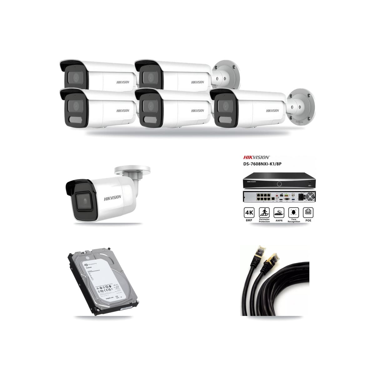 Hikvision 8-Channel 4MP – 4K CCTV Kit — 1 4K + 5 4MP Bullet Cameras + 6TB Recording (DS-7608NXI Recorder) - Image 1