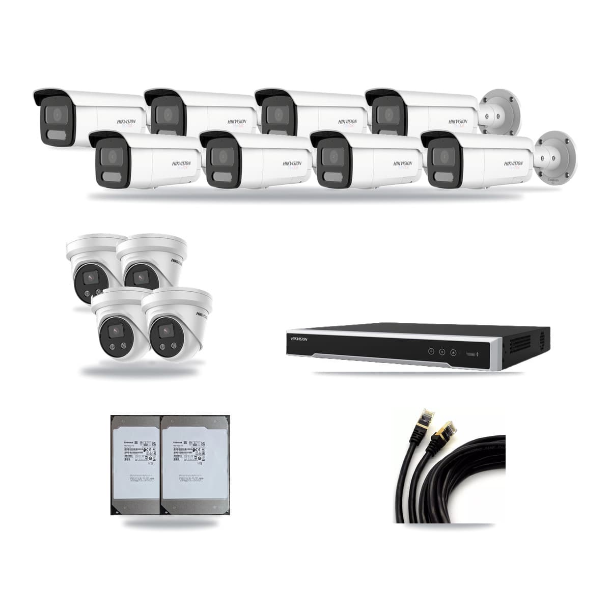 Hikvision 16-Channel 5MP – 4K CCTV Kit — 8 White 4K Bullet + 4 5MP Turret Cameras + 2× 14TB Recording (DS-7616NI-M2 Recorder) - Image 1