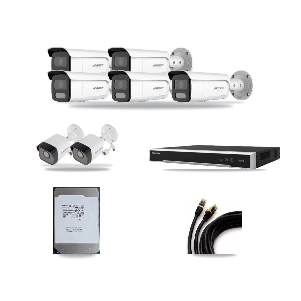 Hikvision 8-channel CCTV kit: 7 cameras (5× 4K Bullet + 2× 5MP Bullet), 14TB hard drive