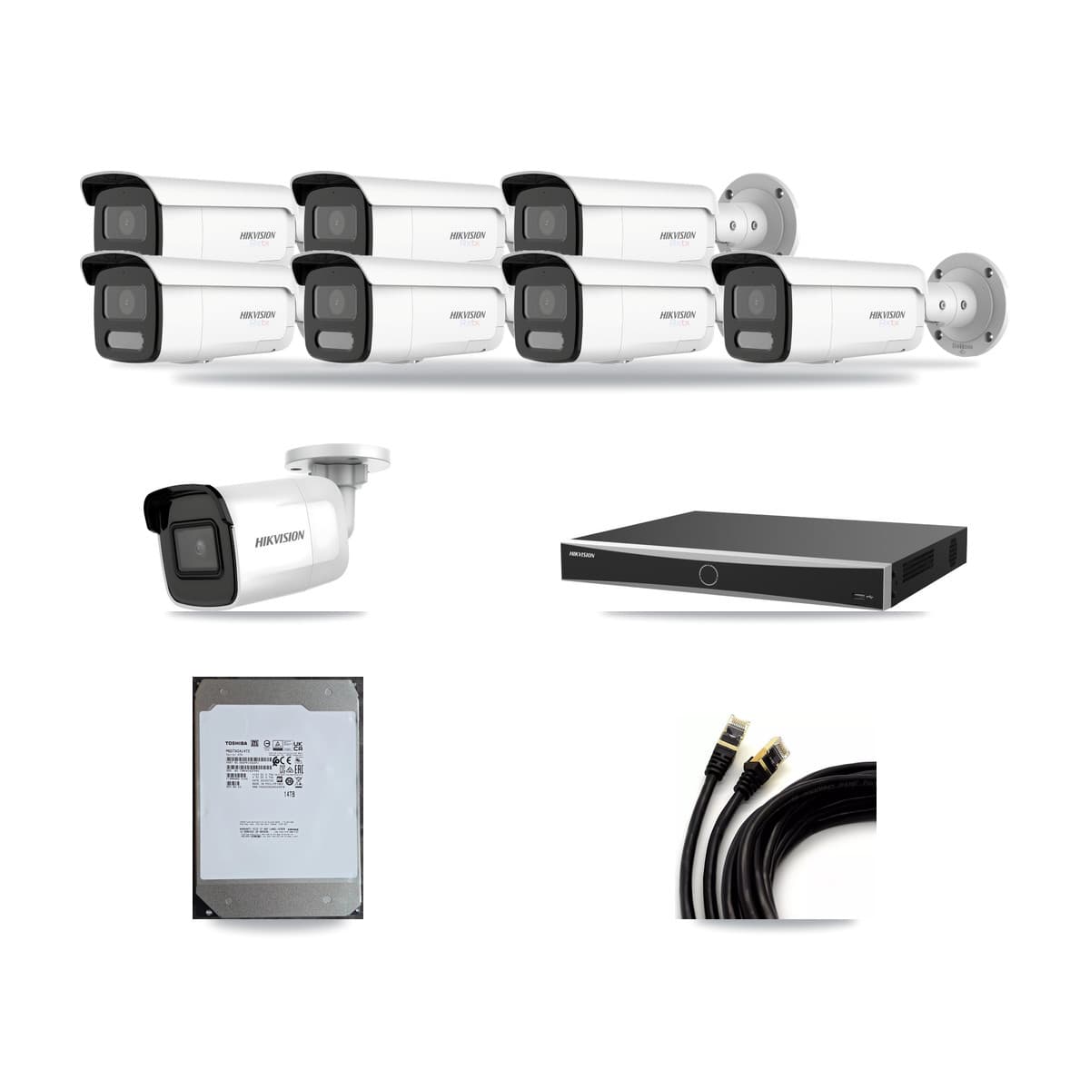 Hikvision 16-Channel 4K CCTV Kit — 1 DS-2CD2085G1 + 7 White DS-2CD2T87G2H Bullet Cameras + 14TB Recording (DS-7616NXI Recorder) - Image 1