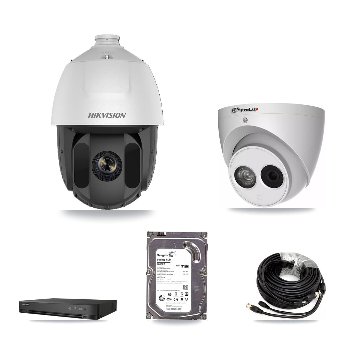 Hikvision & Prolux 4-Channel 2MP – 4MP CCTV Kit — 1 DS-2AE5225TI 2MP PTZ + 1 PXC-612C4W-A 4MP Turret Cameras + 2TB Recording (IDS-7204HUHI Recorder)