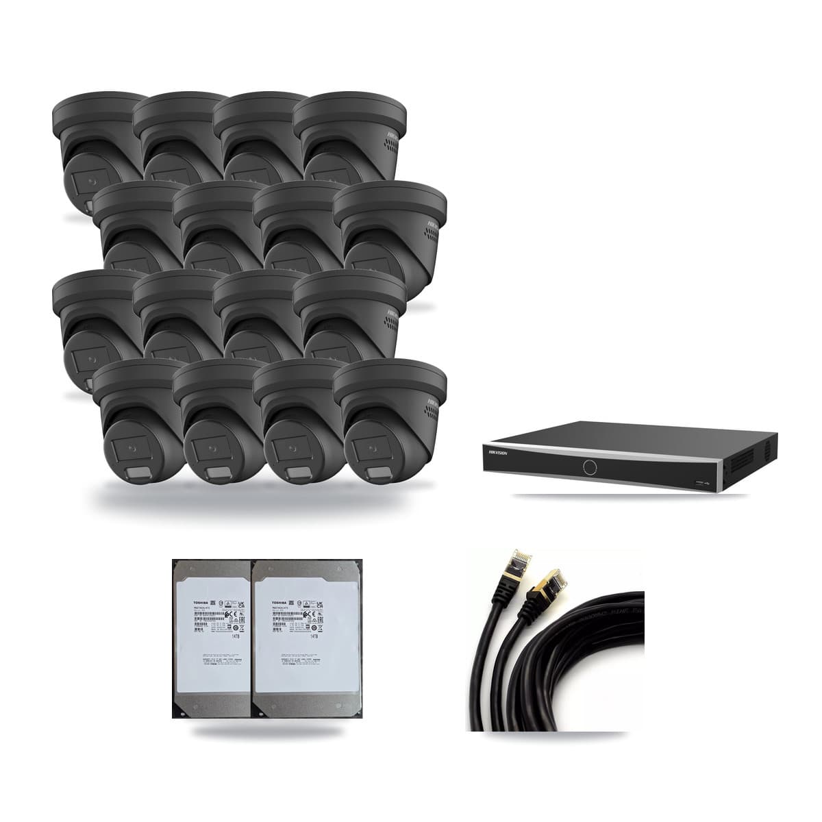 Hikvision 16-Channel 4MP CCTV Kit — 16 Black Turret Cameras + 2× 14TB Recording (DS-7616NXI Recorder) - Image 1