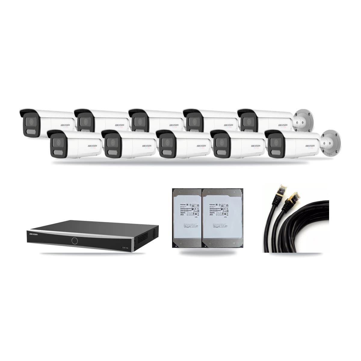 Hikvision 16-Channel 4K CCTV Kit — 10 White Bullet Cameras + 2× 14TB Recording (DS-7616NXI Recorder) - Image 1