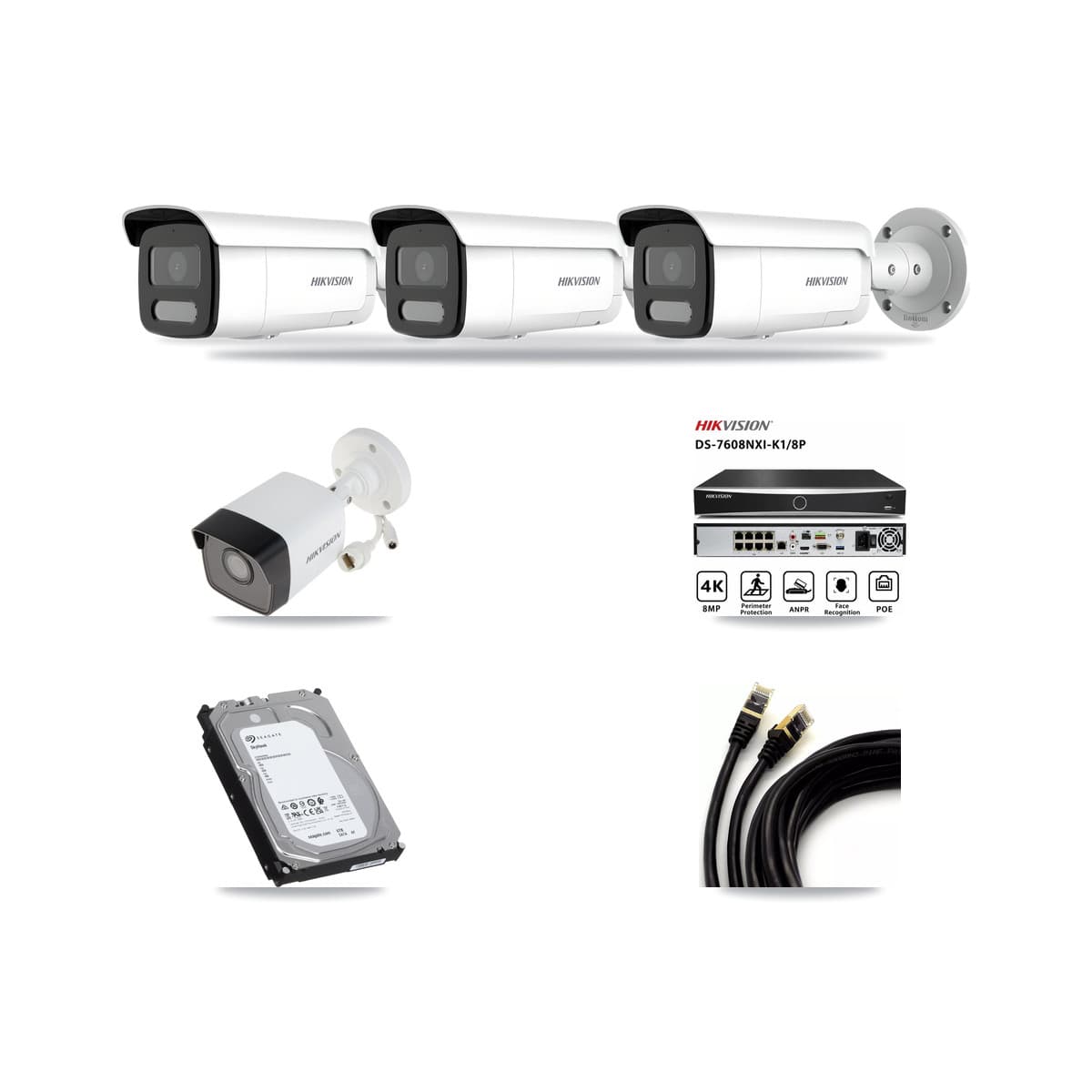 Hikvision 8-Channel 4MP – 5MP CCTV Kit — 1 5MP + 3 4MP Bullet Cameras + 6TB Recording (DS-7608NXI Recorder) - Image 1