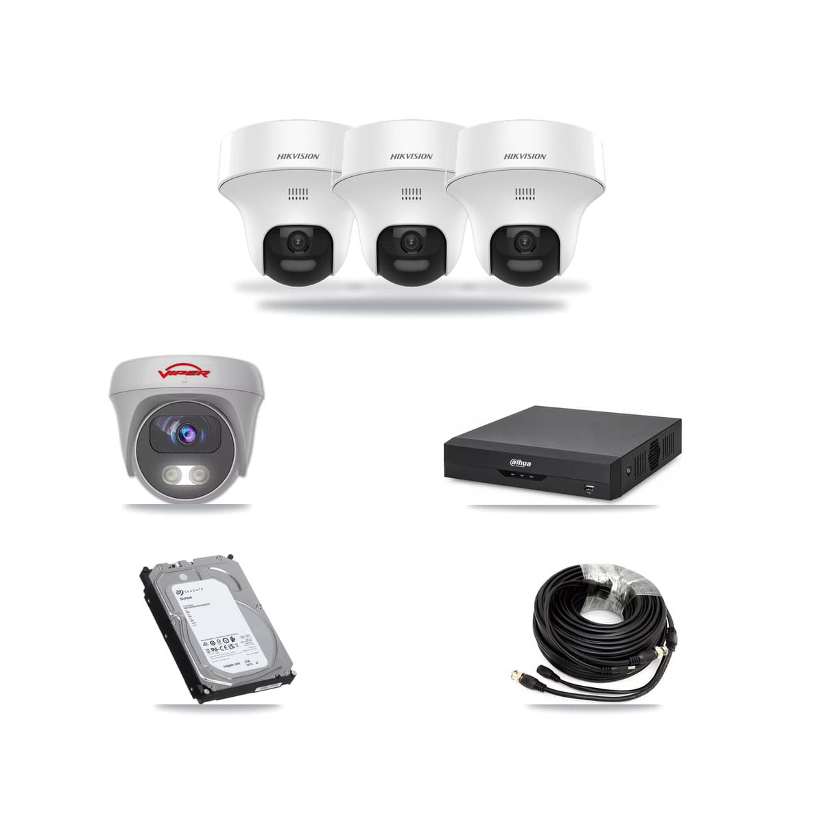 4-Channel 5MP CCTV Kit — 3 DS-2CE70K0T Turret + 1 White VIPER-5MP-3K Cameras + 6TB Recording (DH-XVR5104HS Recorder) - Image 1