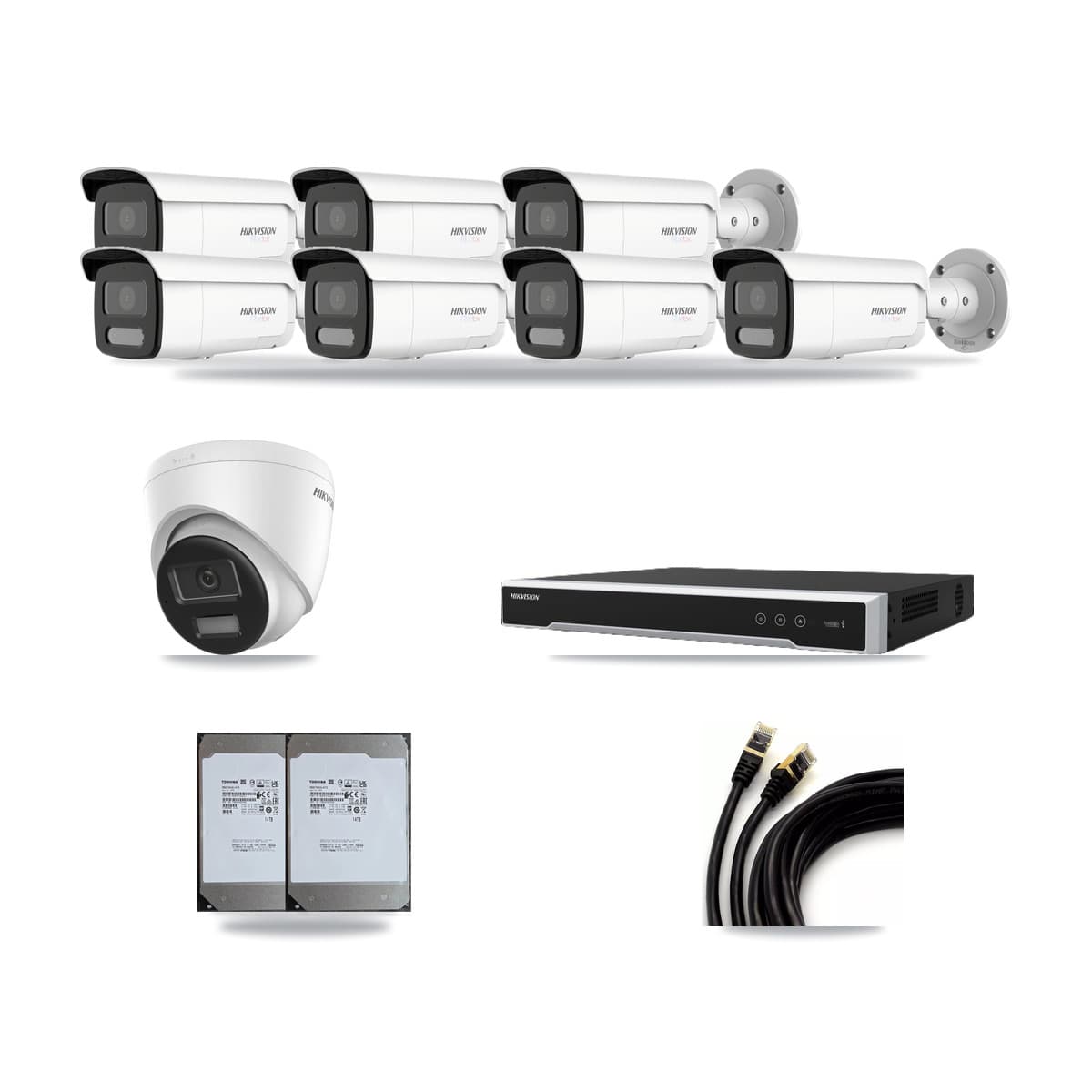 Hikvision 8-Channel 4K CCTV Kit — 1 DS-2CD1383G2-LIU Turret + 7 White DS-2CD2T87G2H-LISU/SL-2.8MM-W Bullet Cameras + 2× 14TB Recording (DS-7608NI-M2/8P Recorder) - Image 1