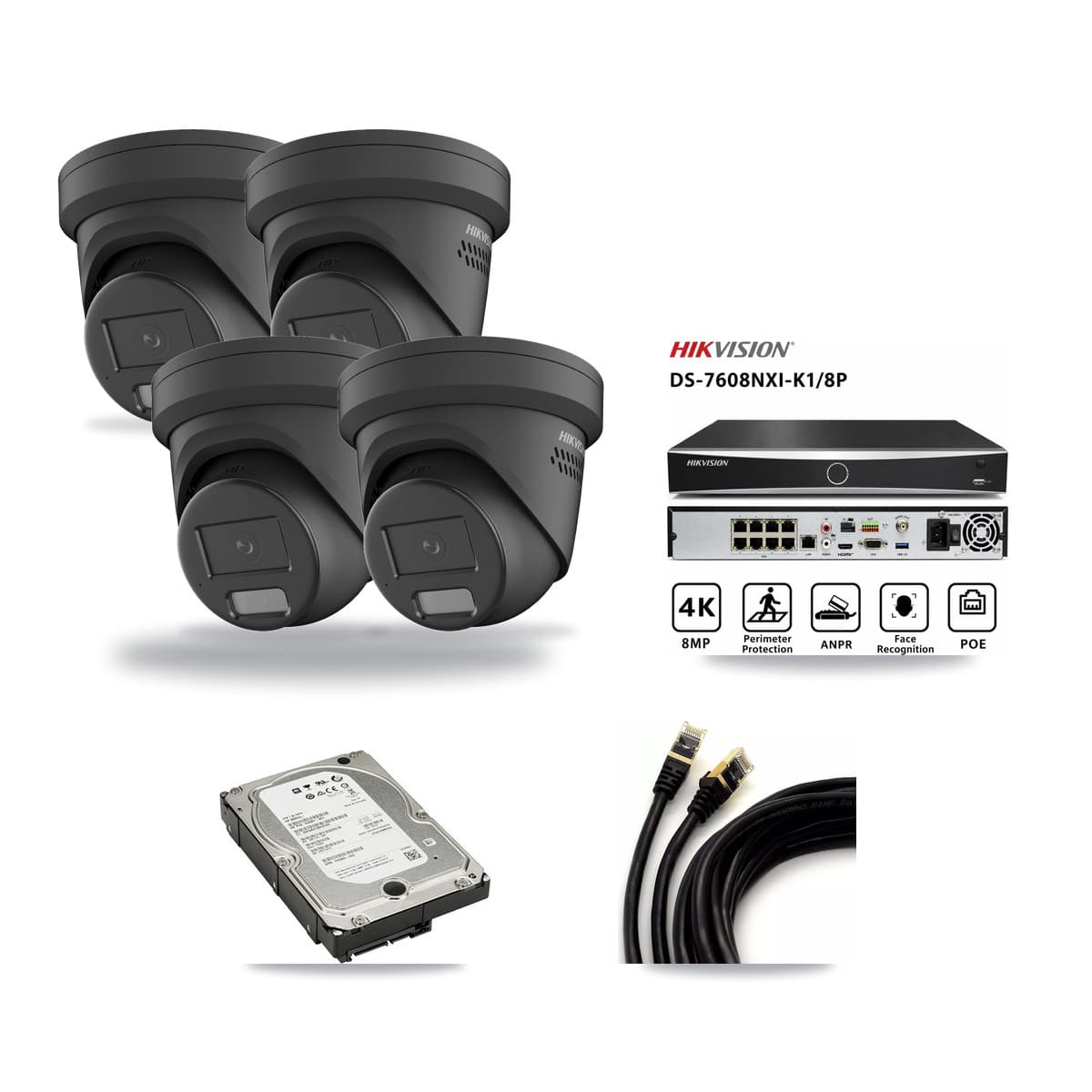 Hikvision 8-Channel 4MP CCTV Kit — 4 Black Turret Cameras + 5TB Recording (DS-7608NXI Recorder) - Image 1