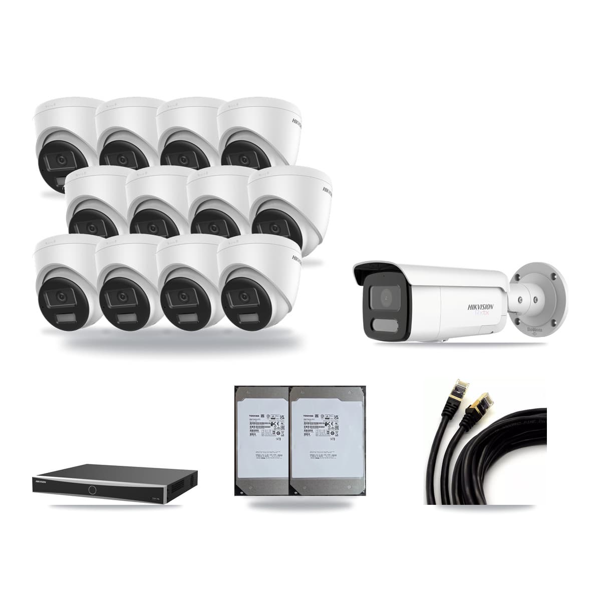 Hikvision 16-channel CCTV kit: 13 cameras (12× 4K Turret + 1× 4K Bullet), 2× 14TB hard drive