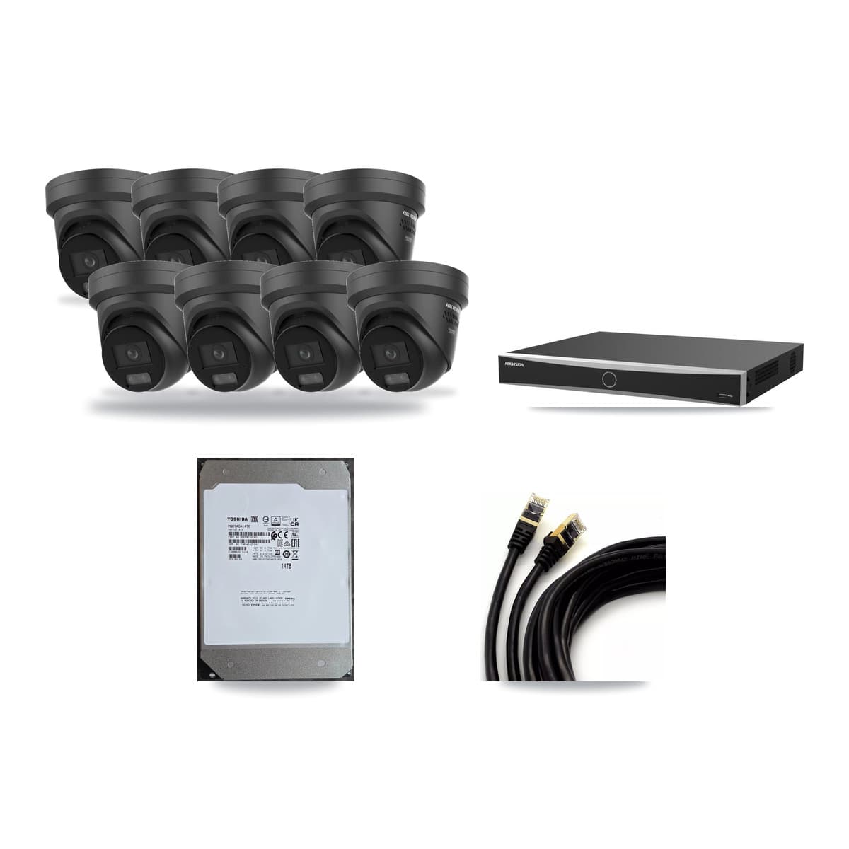 Hikvision 16-Channel 4K CCTV Kit — 8 Black DS-2CD2387G3 Turret Cameras + 14TB Recording (DS-7616NXI Recorder) - Image 1