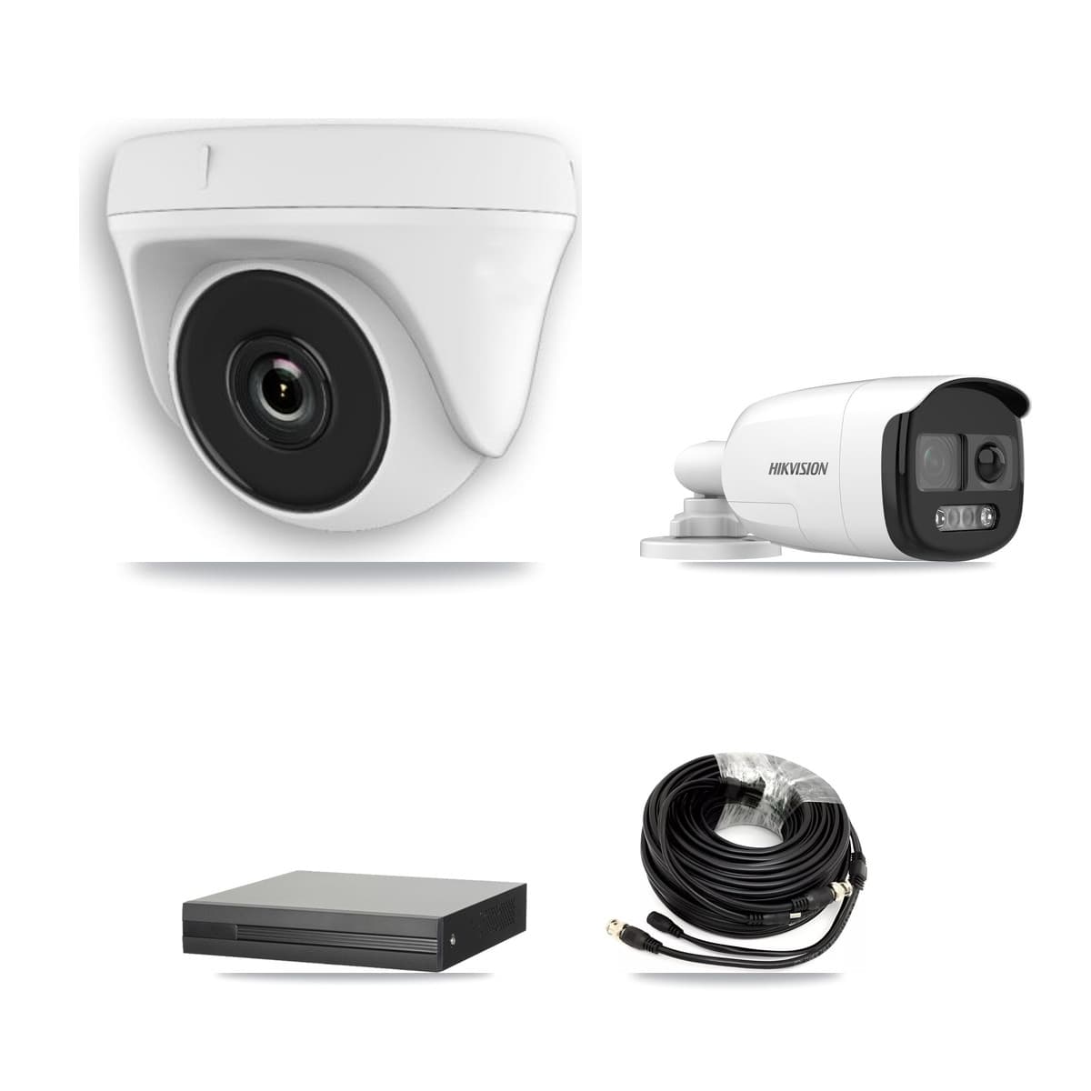 Hikvision 4-Channel 2MP – 5MP CCTV Kit — 1 DS-2CE12KF3T 5MP Bullet + 3 White HDT-2MP-N20W 2MP Dome Cameras + 3TB Recording (XVR-3104HS Recorder)