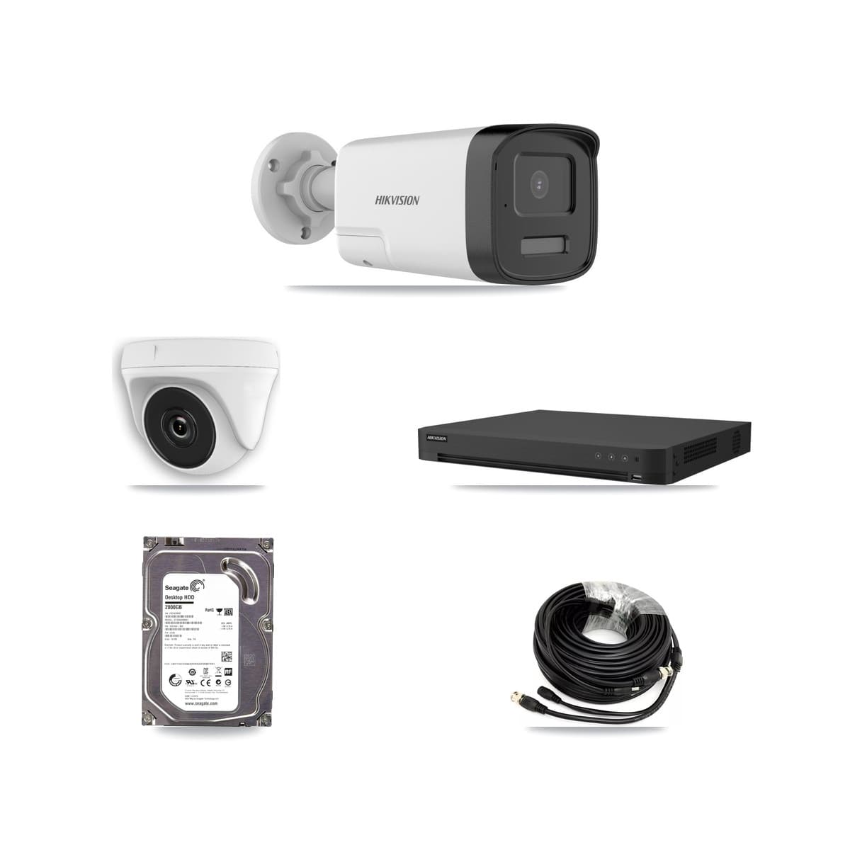 Hikvision 32-Channel 2MP – 5MP CCTV Kit — 1 DS-2CE17K0T 5MP Bullet + 1 White HDT-2MP-N20W 2MP Dome Cameras + 2TB Recording (IDS-7232HQHI Recorder)