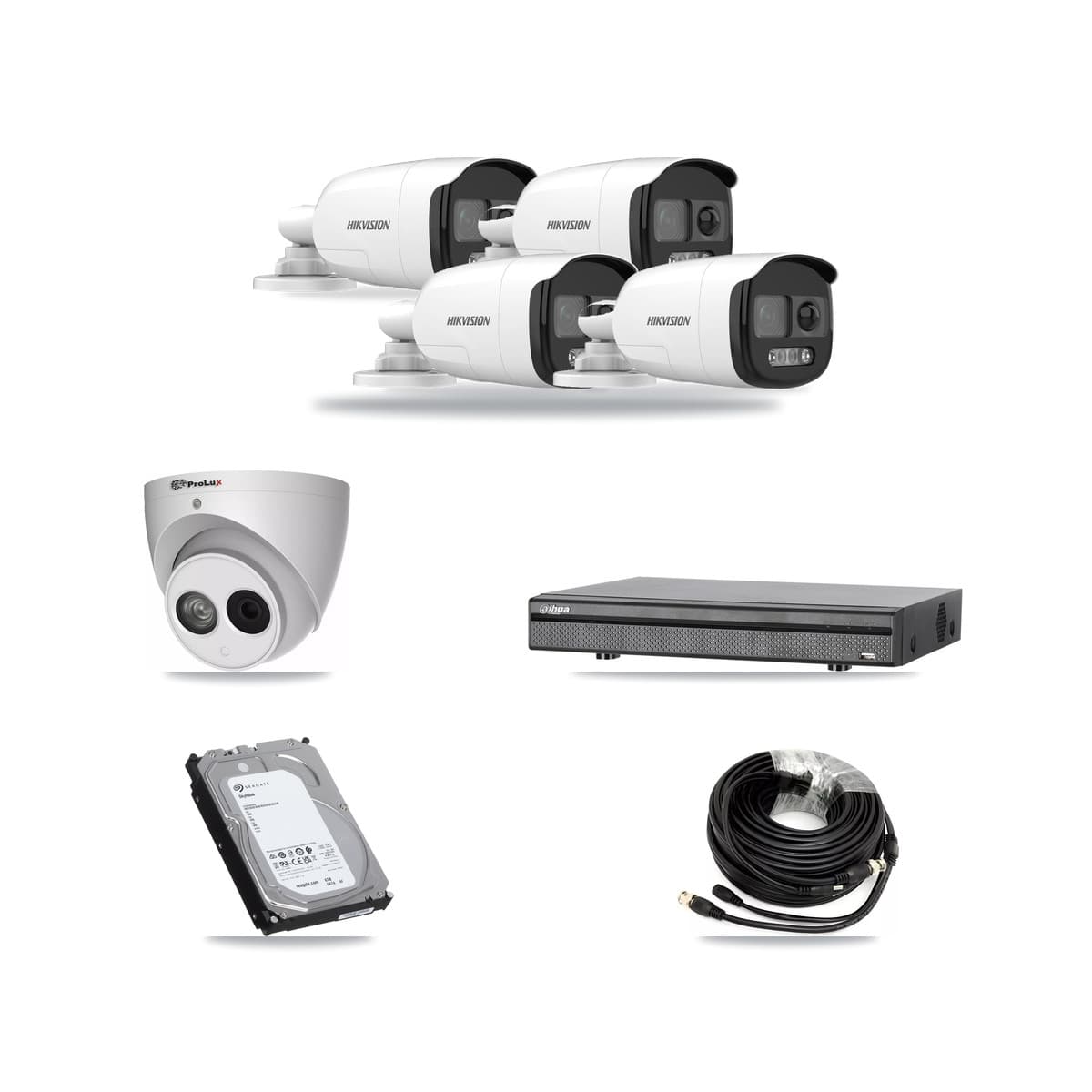 8-Channel 4MP – 5MP CCTV Kit — 4 DS-2CE12KF3T 5MP Bullet + 1 PXC-612C4W-A 4MP Turret Cameras + 6TB Recording (DH-XVR5108H Recorder) - Image 1