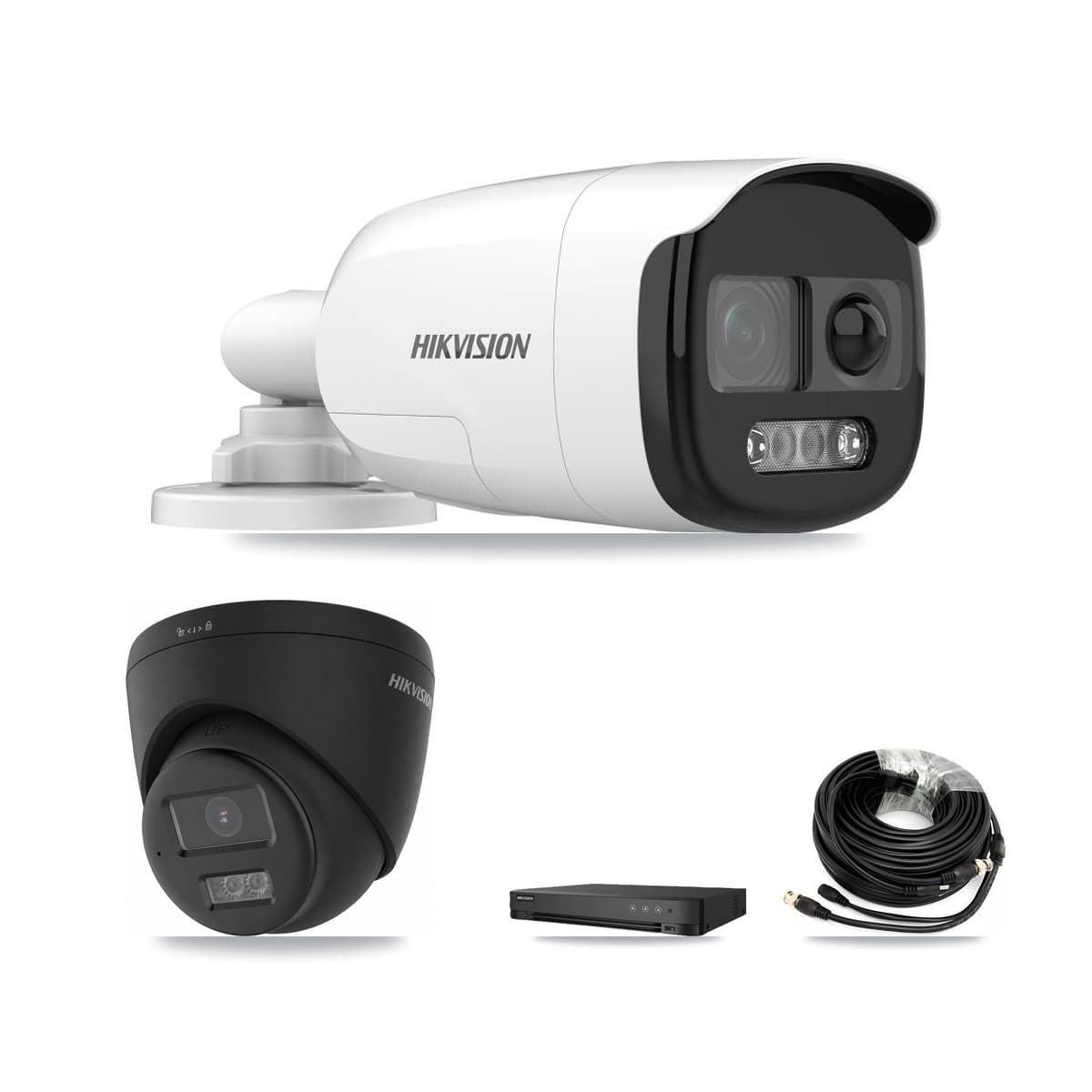 Hikvision 8-Channel 5MP – 4K CCTV Kit — 2 DS-2CE12KF3T-PIRXO 5MP Bullet + 2 Black DS-2CE78U0T-LTS-BLACK 4K Turret Cameras + 8TB Recording (IDS-7208HUHI-M1/E Recorder)