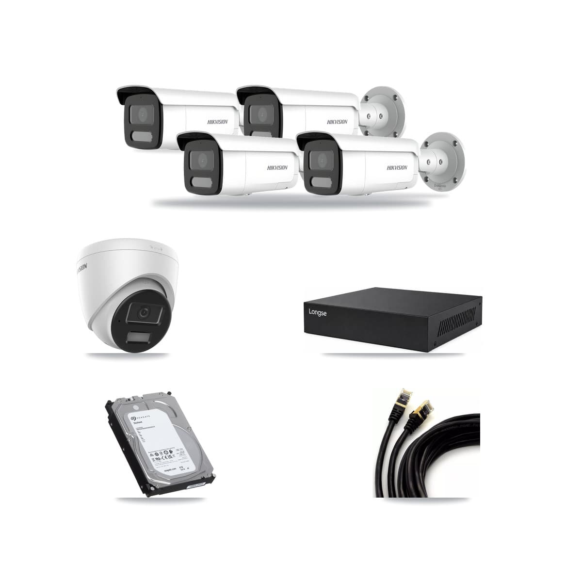 Hikvision & Longse 8-Channel 4MP CCTV Kit — 1 DS-2CD1343G2 Turret + 4 DS-2CD2T47G2H Bullet Cameras + 6TB Recording - Image 1