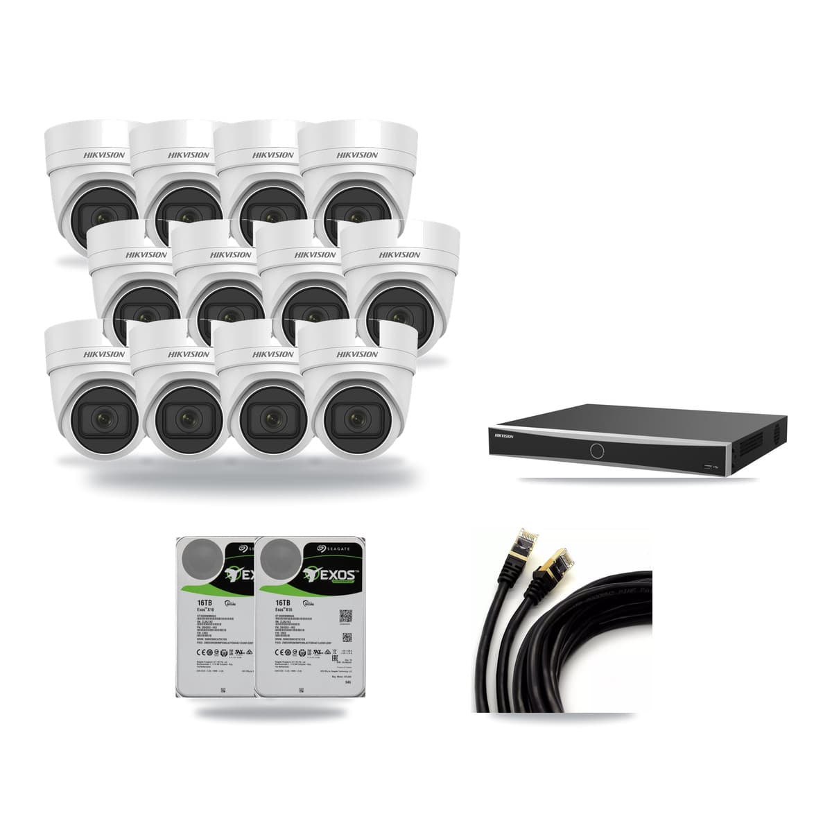 Hikvision 16-Channel 4K CCTV Kit — 12 DS-2CD2H83G0 Turret Cameras + 2× 16TB Recording (DS-7616NXI Recorder) - Image 1