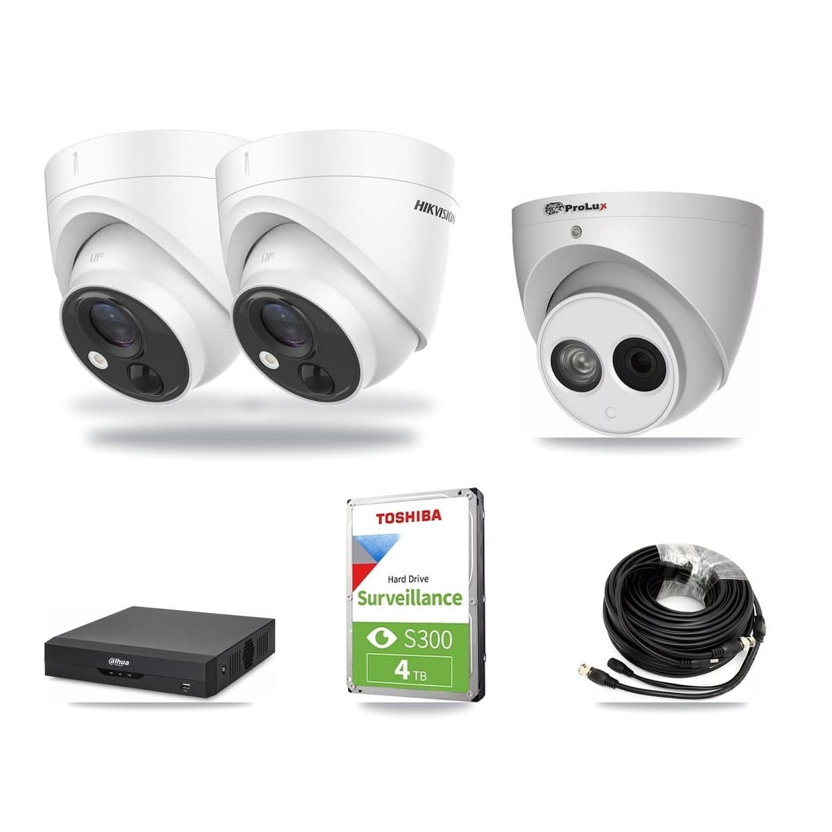 4-Channel 4MP – 5MP CCTV Kit — 2 DS-2CE71H0T 5MP + 1 PXC-612C4W-A 4MP Turret Cameras + 4TB Recording (DH-XVR5104HS Recorder) - Image 1