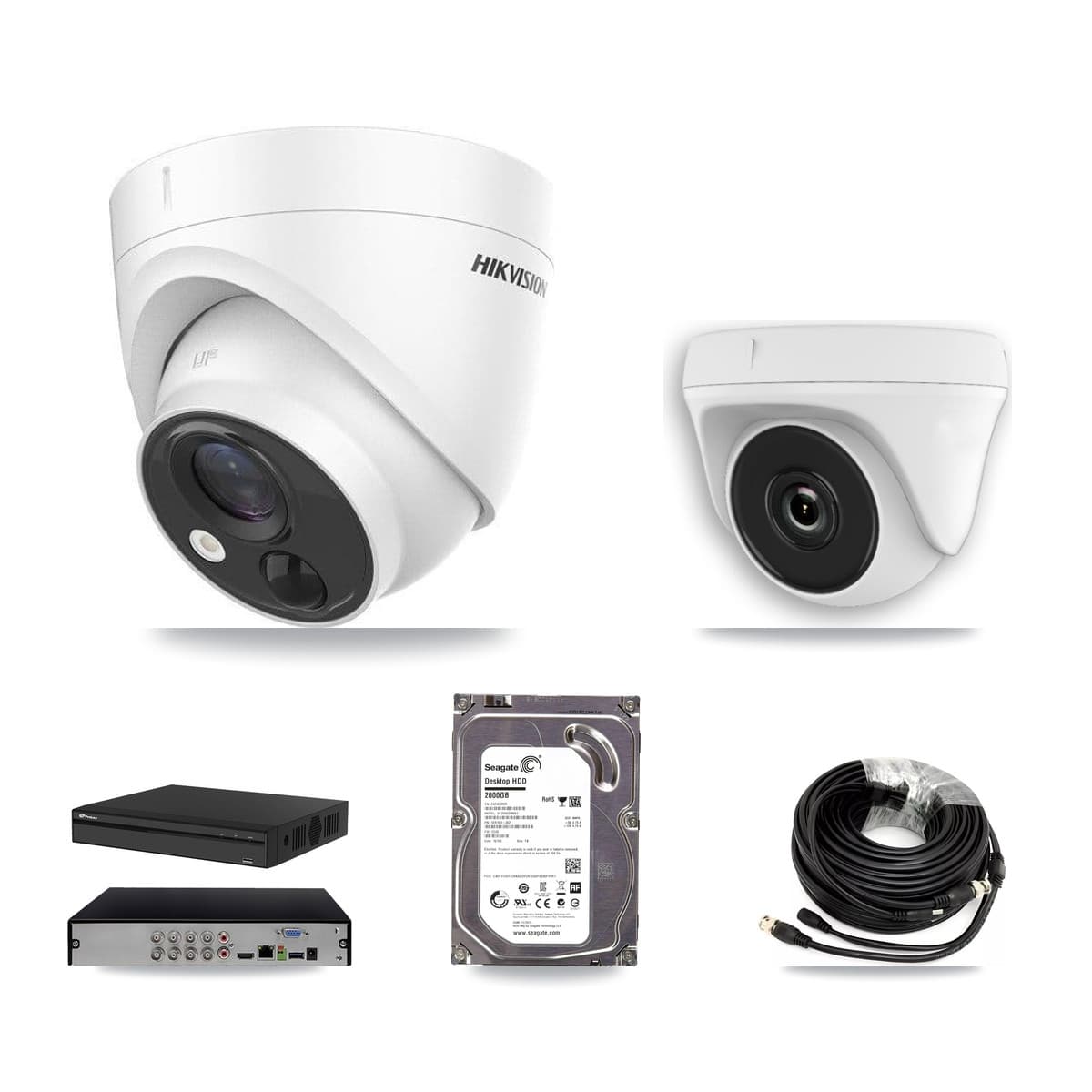 Hikvision & Prolux 8-Channel 2MP – 5MP CCTV Kit — 1 DS-2CE71H0T 5MP Turret + 1 White HDT-2MP-N20W 2MP Dome Cameras + 2TB Recording (PXD-5108HS Recorder) - Image 1