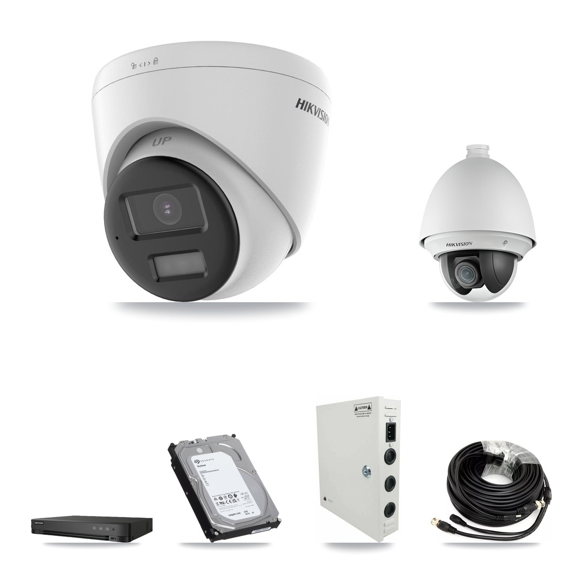 Hikvision 8-Channel 2MP – 4K CCTV Kit — 1 DS-2AE4225T-A 2MP PTZ + 3 DS-2CE78U0T-LPTS 4K Turret Cameras + 6TB Recording (IDS-7208HUHI-M1/E Recorder) - Image 1