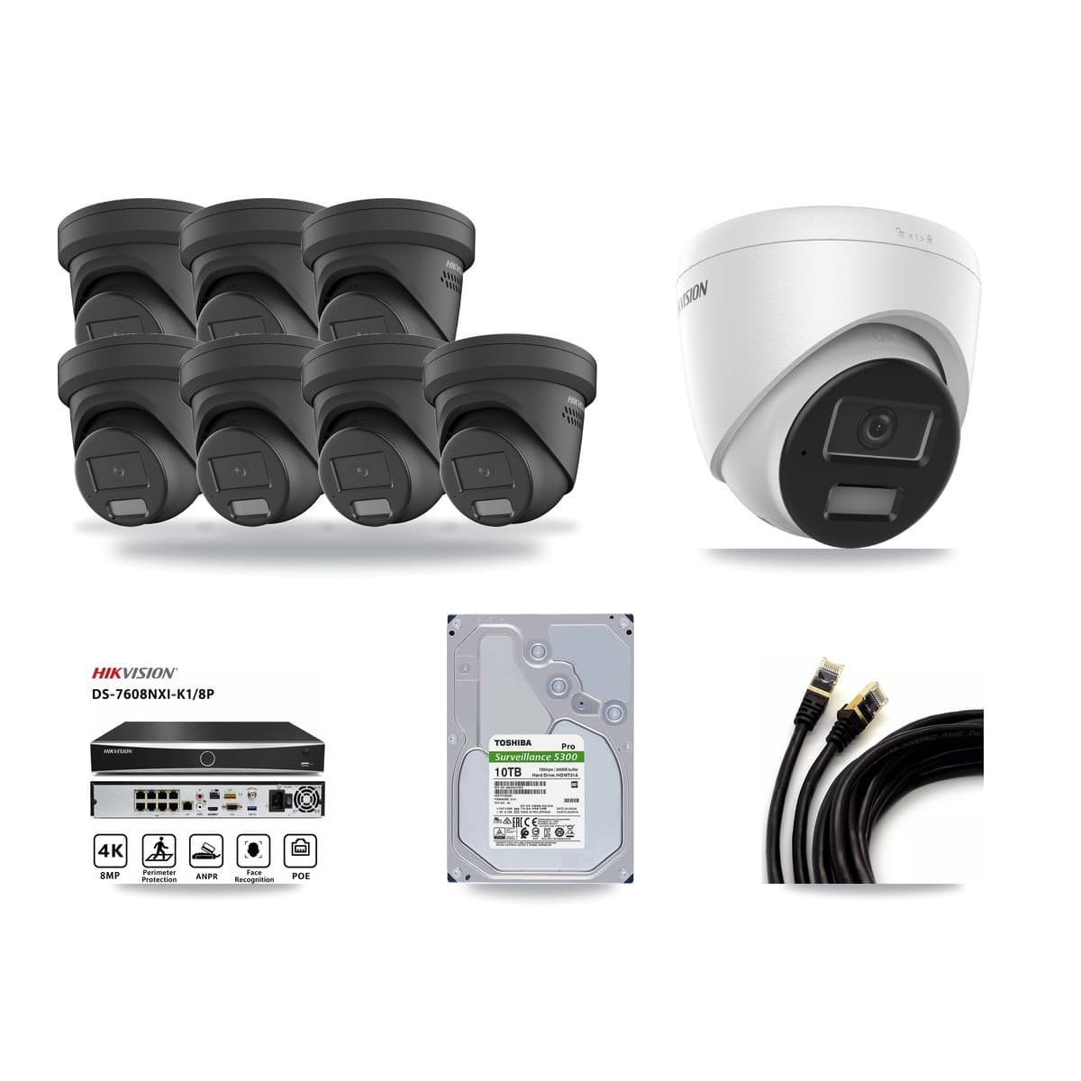 Hikvision 8-Channel 4MP CCTV Kit — 1 DS-2CD1343G2 + 7 DS-2CD2347G2 Turret Cameras + 10TB Recording - Image 1