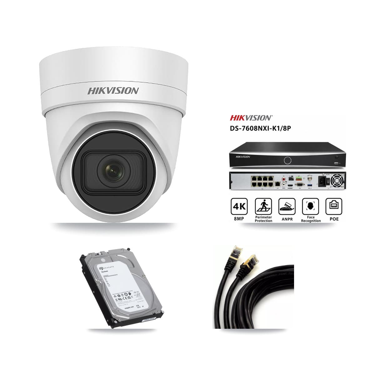 Hikvision 8-Channel 4MP CCTV Kit — 4 DS-2CD2H45FWD Turret Cameras + 6TB Recording (DS-7608NXI Recorder)