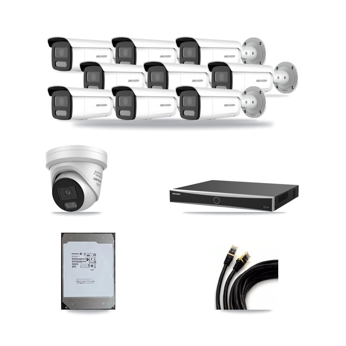 Hikvision 16-Channel 4MP CCTV Kit — 1 DS-2CD2347G3 Turret + 9 DS-2CD2T47G2H Bullet Cameras + 14TB Recording - Image 1