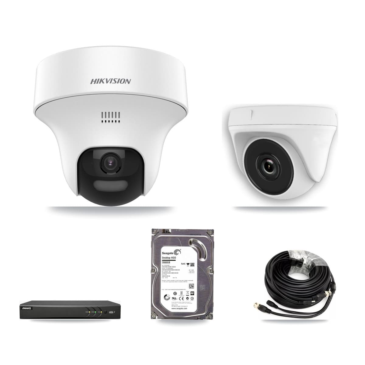 Hikvision & ANNKE 4-Channel 2MP – 5MP CCTV Kit — 1 DS-2CE70K0T 5MP Turret + 1 White HDT-2MP-N20W 2MP Dome Cameras + 2TB Recording