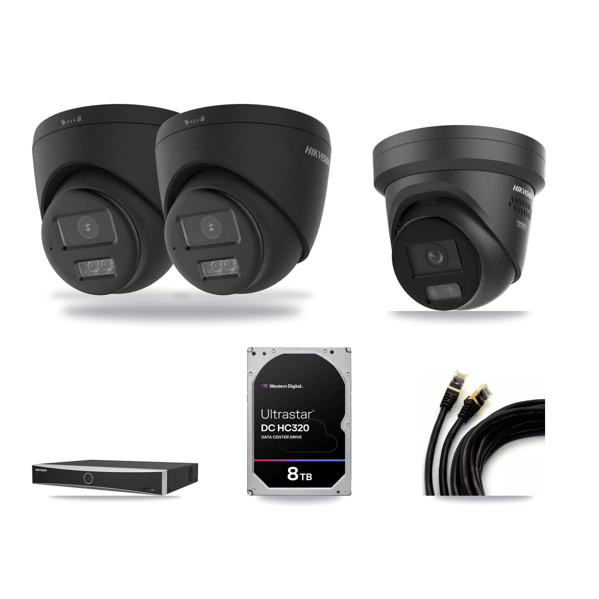 Hikvision 4-Channel 4K CCTV Kit — 2 Black DS-2CD1383G2 + 1 Black DS-2CD2387G3 Turret Cameras + 8TB Recording - Image 1