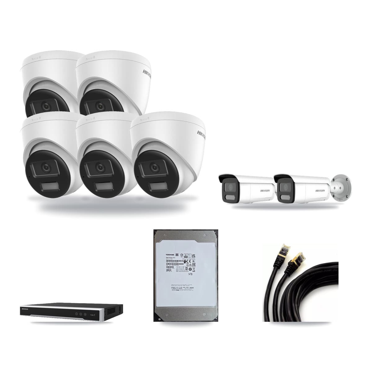 Hikvision 8-channel CCTV kit: 7 cameras (5× 4K Turret + 2× 4MP Bullet), 14TB hard drive