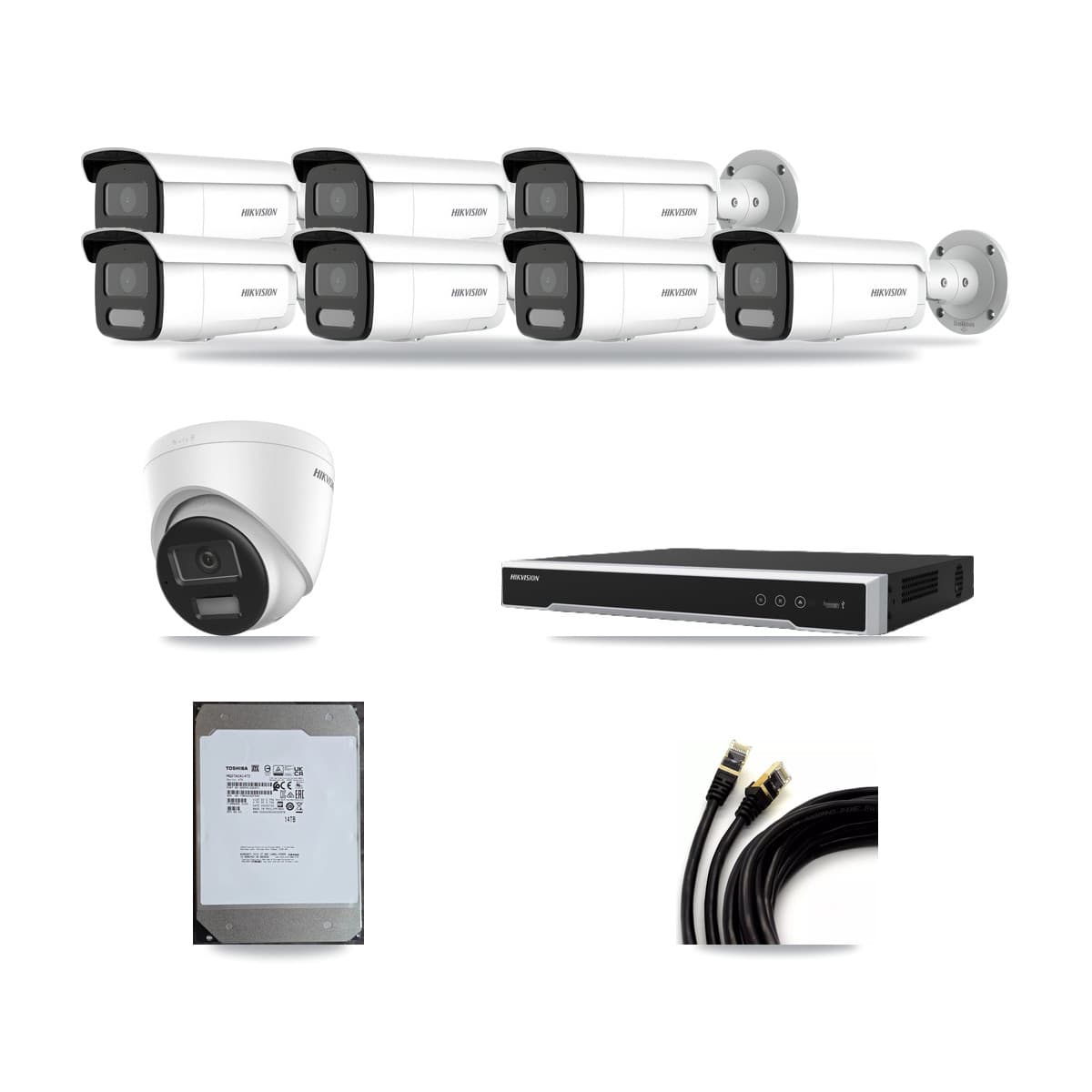 Hikvision 8-Channel 4MP – 4K CCTV Kit — 1 DS-2CD1383G2-LIUF/SL 4K Turret + 7 DS-2CD2T47G2H-LISU/SL 4MP Bullet Cameras + 14TB Recording (DS-7608NI-M2/8P Recorder) - Image 1