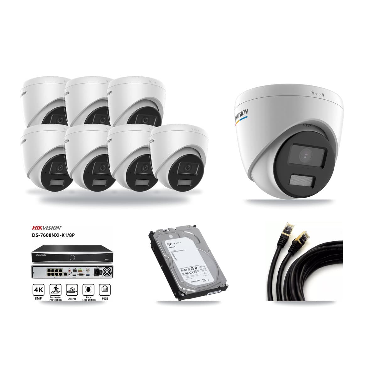 Hikvision 8-Channel 2MP – 4MP CCTV Kit — 1 2MP + 7 4MP Turret Cameras + 6TB Recording (DS-7608NXI Recorder) - Image 1
