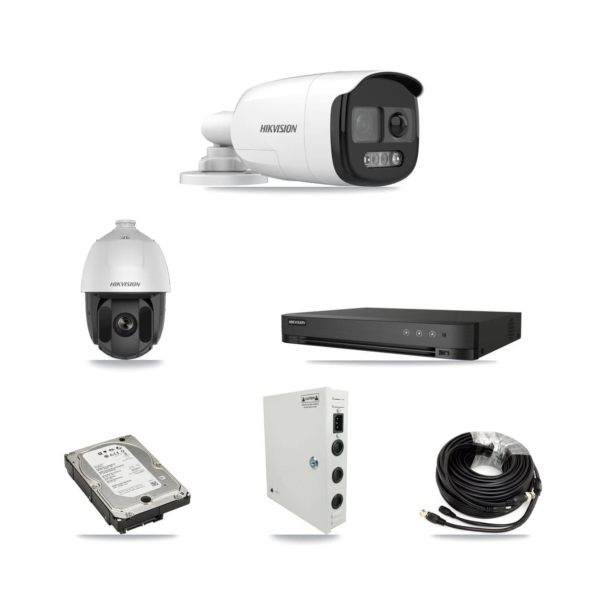 Hikvision 4-Channel 2MP – 5MP CCTV Kit — 1 DS-2AE5225TI 2MP PTZ + 3 DS-2CE12KF3T 5MP Bullet Cameras + 5TB Recording (IDS-7204HQHI Recorder) - Image 1