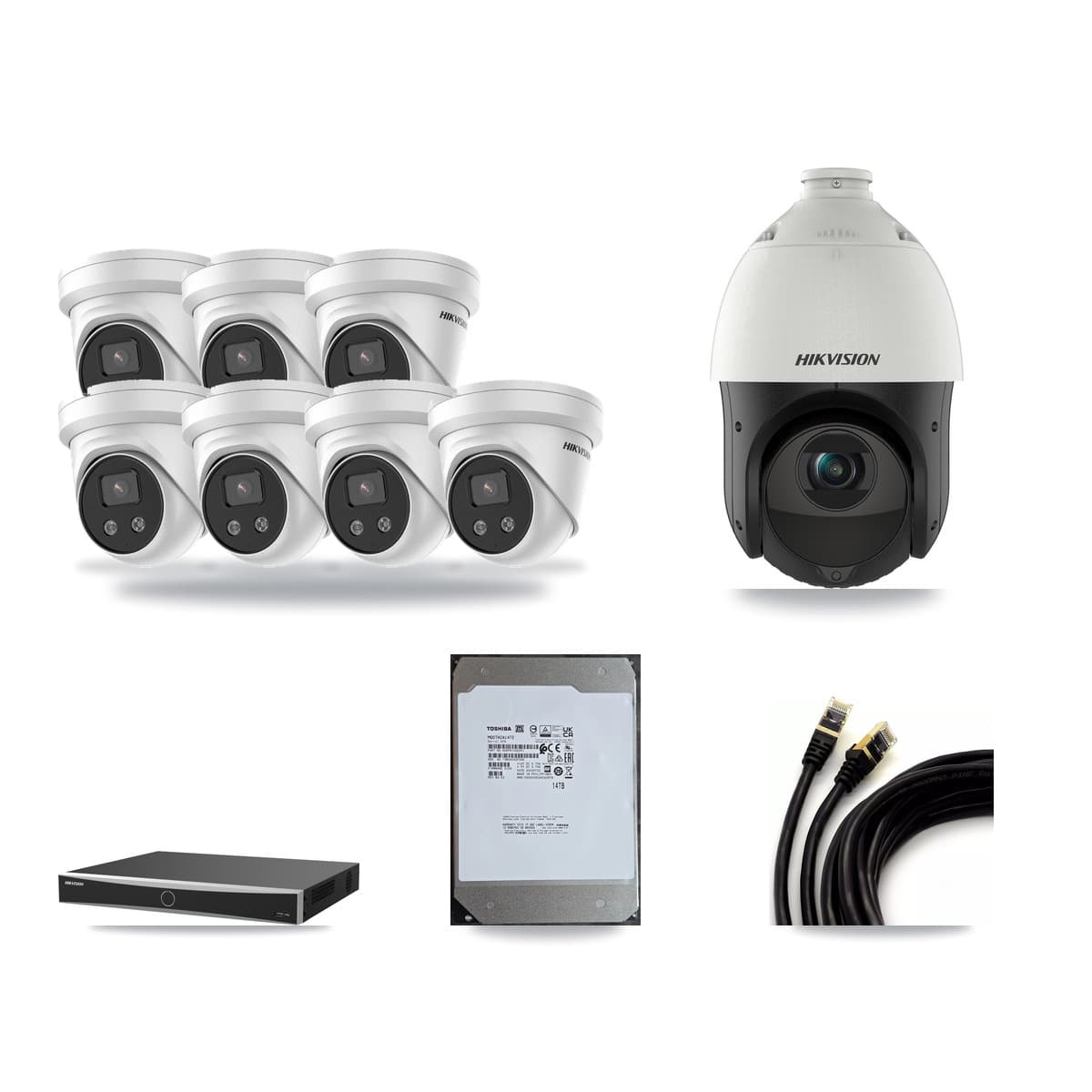 Hikvision 16-Channel 4MP – 5MP CCTV Kit — 7 5MP Turret + 1 4MP PTZ Cameras + 14TB Recording (DS-7616NXI Recorder) - Image 1
