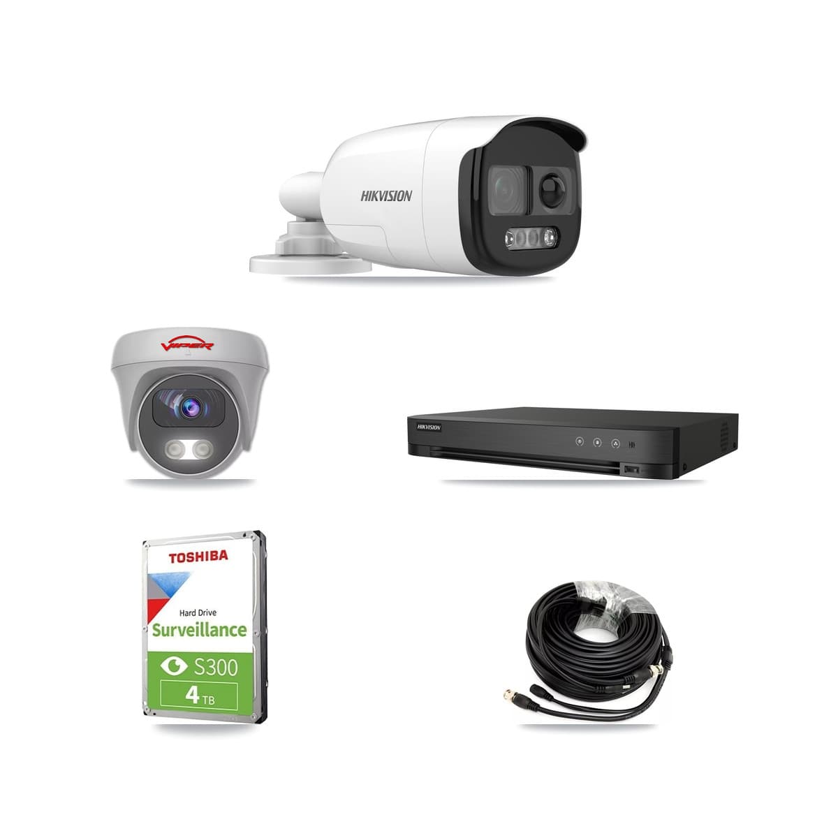 Hikvision & Viper 4-Channel 5MP CCTV Kit — 2 DS-2CE12KF3T Bullet + 1 White VIPER-5MP-3K Cameras + 4TB Recording (DS-7204HUHI Recorder) - Image 1