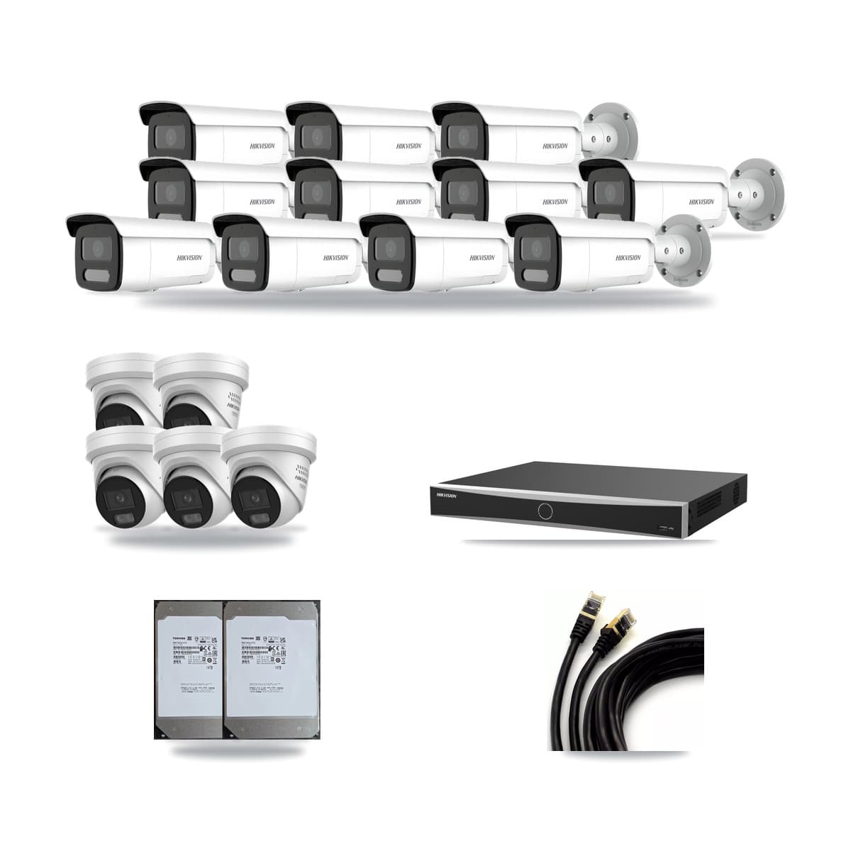 Hikvision 16-Channel 4MP CCTV Kit — 5 DS-2CD2347G3 Turret + 11 DS-2CD2T47G2H Bullet Cameras + 2× 14TB Recording - Image 1