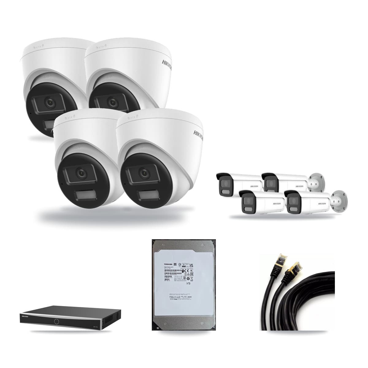 Hikvision 16-Channel 4MP – 4K CCTV Kit — 4 DS-2CD1383G2-LIUF/SL 4K Turret + 4 DS-2CD2T47G2H-LISU/SL 4MP Bullet Cameras + 14TB Recording (DS-7616NXI-K2/16P(E) Recorder) - Image 1