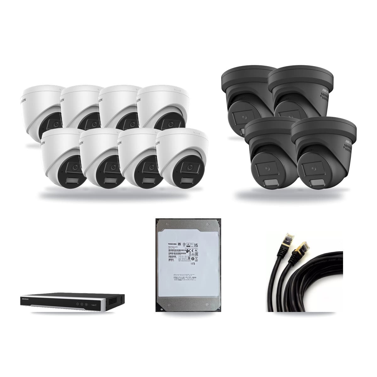 Hikvision 16-Channel 4MP CCTV Kit — 8 DS-2CD1343G2 + 4 Black DS-2CD2347G2 Turret Cameras + 14TB Recording (DS-7616NI-M2 Recorder) - Image 1