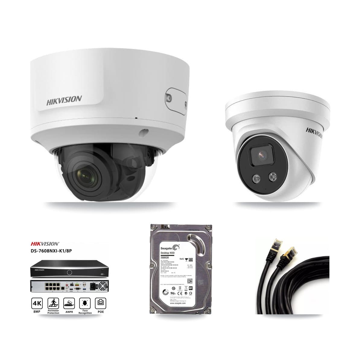 Hikvision 8-Channel 2MP – 5MP CCTV Kit — 1 2MP Dome + 1 5MP Turret Cameras + 2TB Recording (DS-7608NXI Recorder)