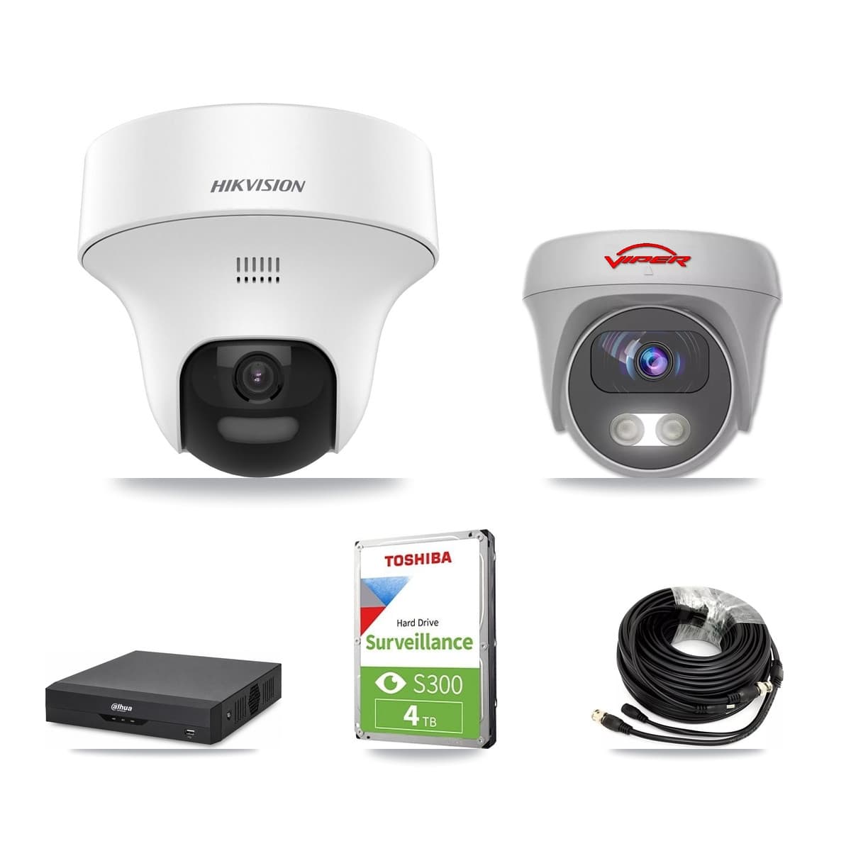 4-Channel 5MP CCTV Kit — 2 DS-2CE70K0T Turret + 1 White VIPER-5MP-3K Cameras + 4TB Recording (DH-XVR5104HS Recorder)
