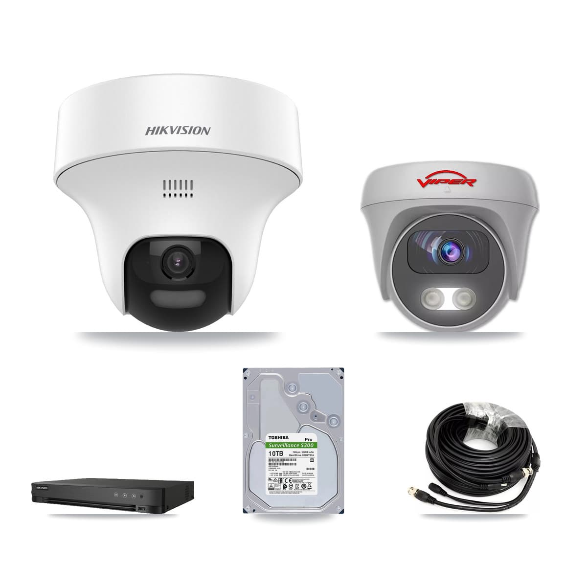 Hikvision & Viper 8-Channel 5MP CCTV Kit — 7 DS-2CE70K0T Turret + 1 White VIPER-5MP-3K Cameras + 10TB Recording (IDS-7208HQHI Recorder)