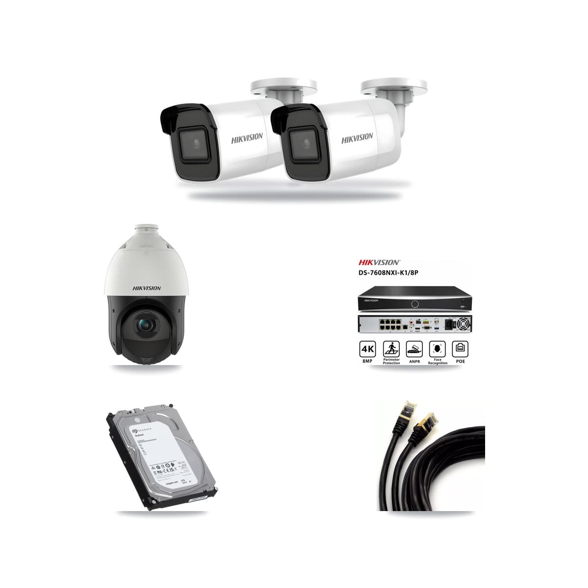 Hikvision 8-Channel 4MP – 4K CCTV Kit — 2 4K Bullet + 1 4MP PTZ Cameras + 6TB Recording (DS-7608NXI Recorder) - Image 1
