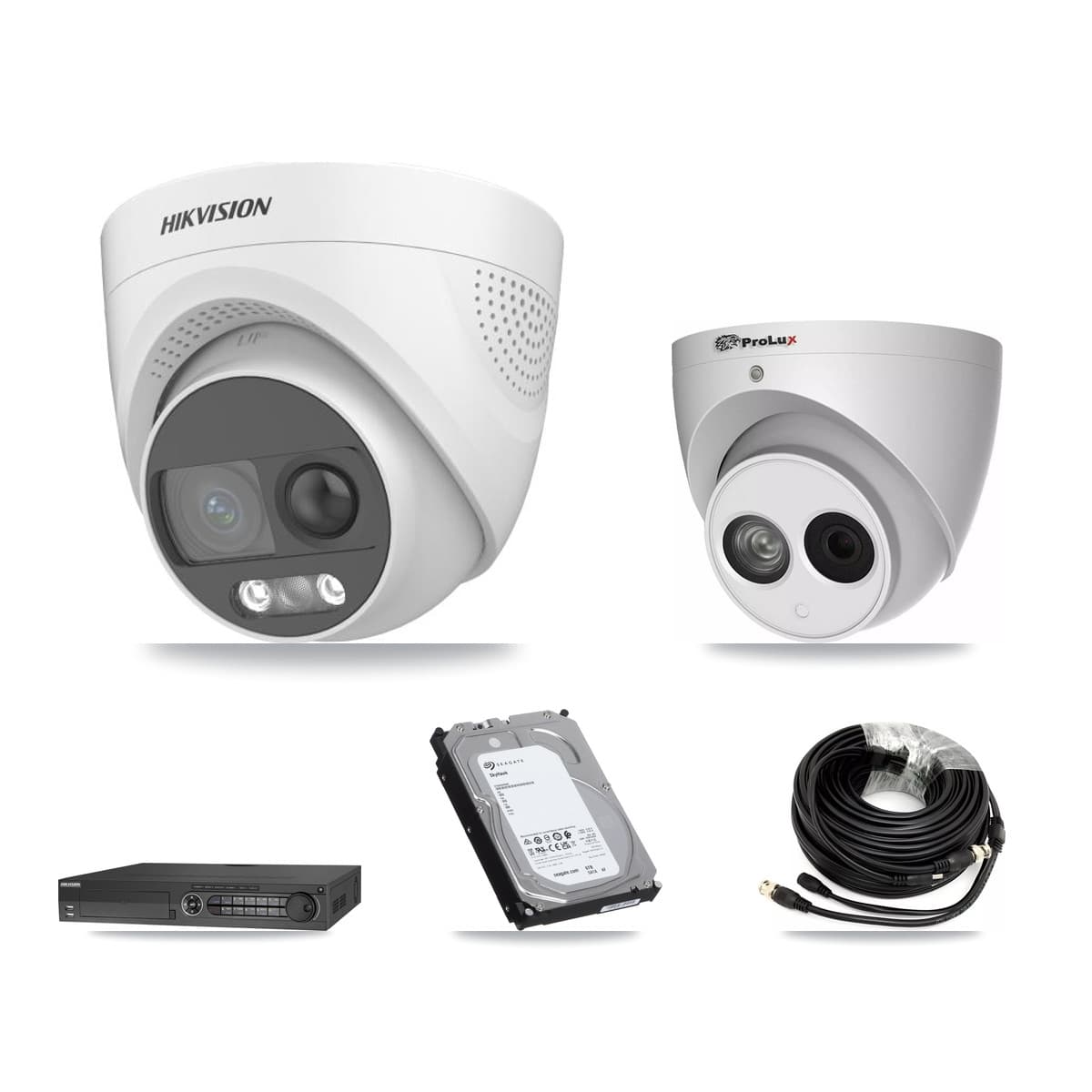 Hikvision & Prolux 32-Channel 4MP – 5MP CCTV Kit — 7 DS-2CE72KF3T 5MP + 1 PXC-612C4W-A 4MP Turret Cameras + 2× 6TB Recording